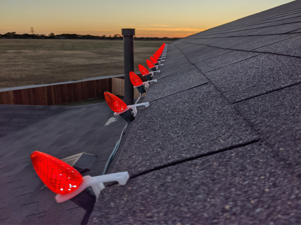 Roofline Christmas lights on home in Fort Worth